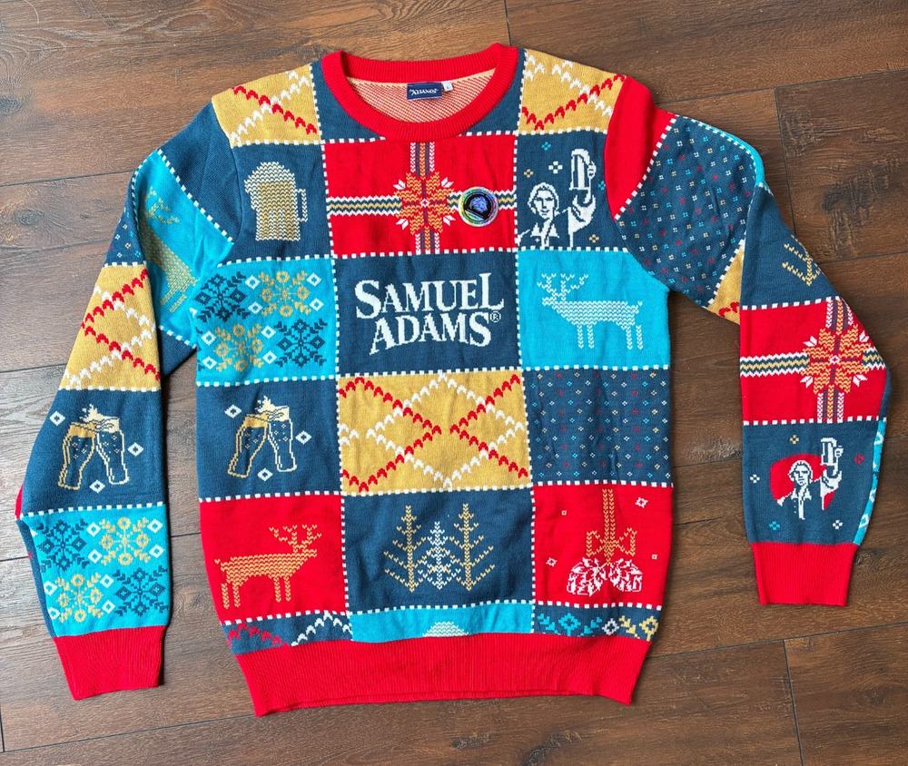 Samuel Adams Beer Ugly Christmas Sweater Mens Large Patchwork Holiday Crewneck